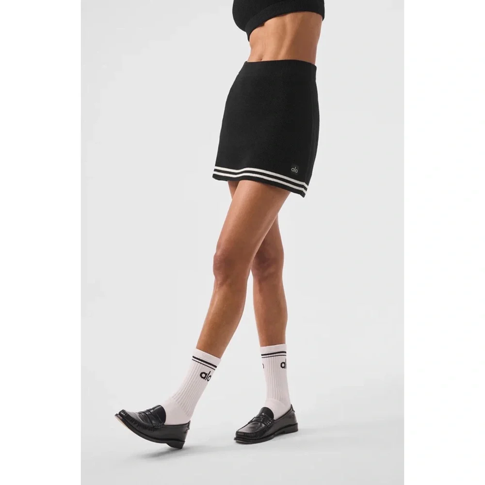 Alo Yoga Tennis Club Sweater Knit Skirt Black/Ivory S